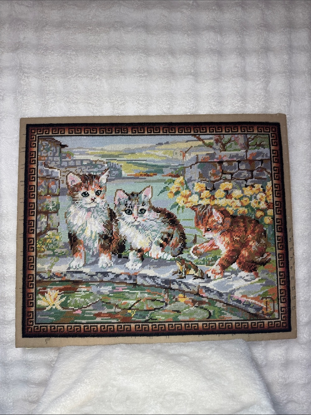 Vintage Cat Kittens Framed Cross Stitch Picture 18” x 22” Unframed